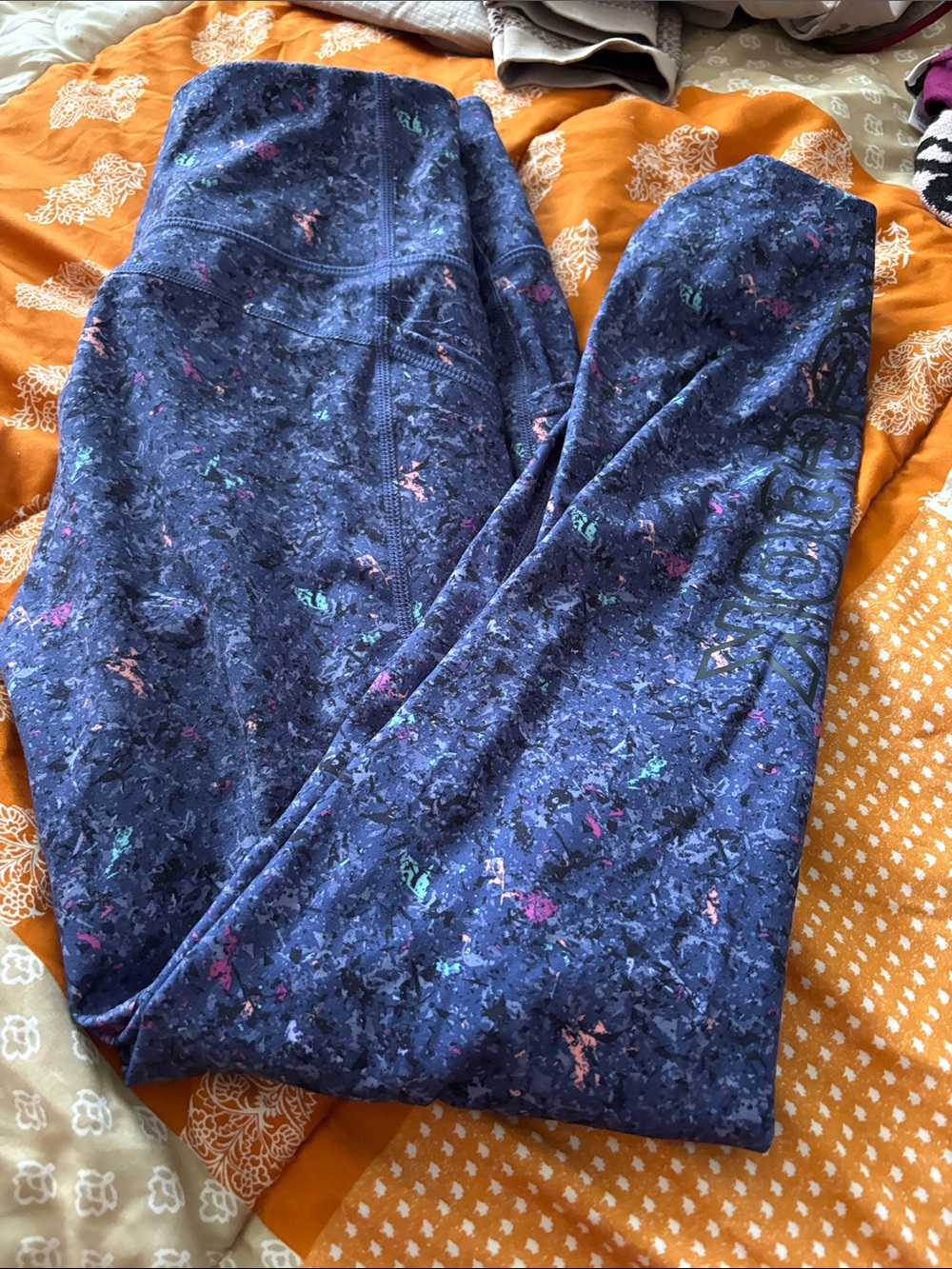 Reebok Blue Speckled Leggings with Multi-Color Accents